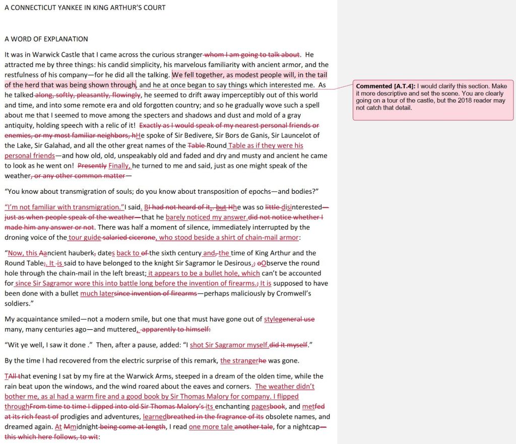 A black and white page marked with Microsoft Word edits noted in red.
