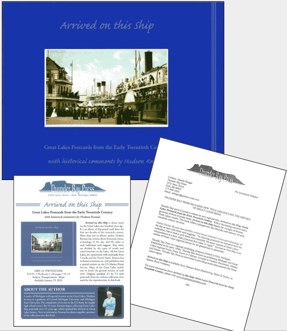 Two book marketing documents along with a blue book cover featuring a vintage postcard of a Great Lakes ship.